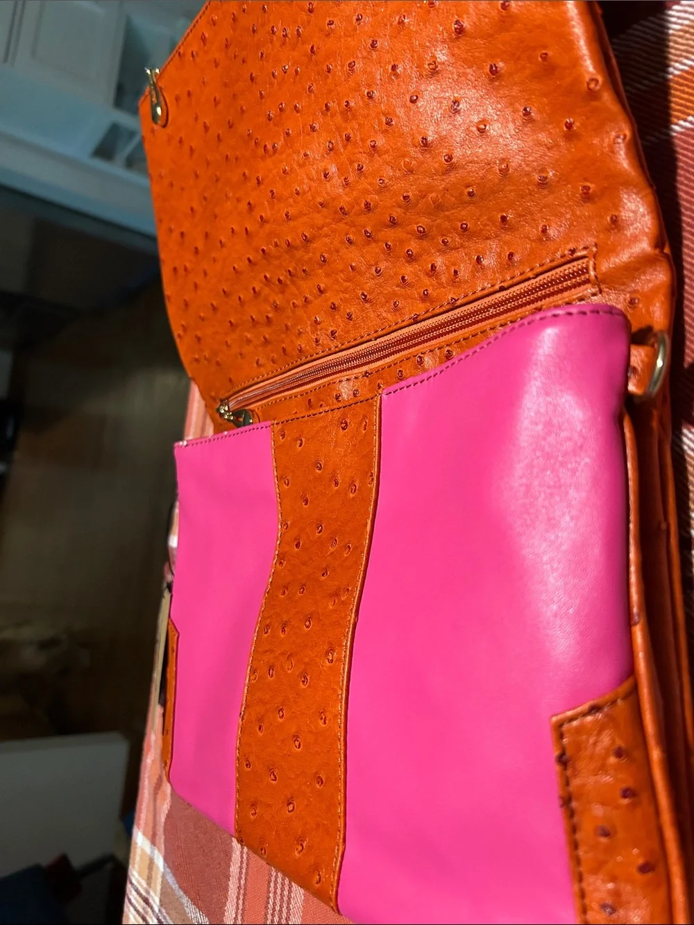 Cri De Coeur Orange FEAUX Ostrich -Texture Zip Bag with Pink Details